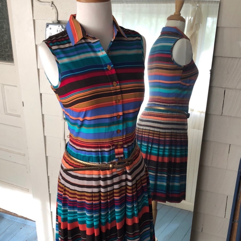 Calvin Klein Striped Sleeveless Pleated Dress
